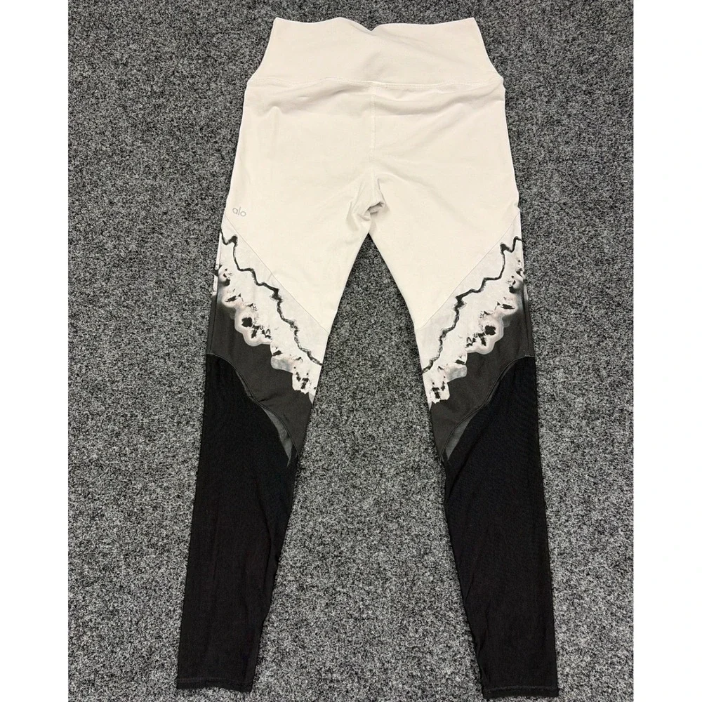 Alo Yoga Leggings Womens L White Black Tie Dye Mesh High Rise Moto Tights Yoga